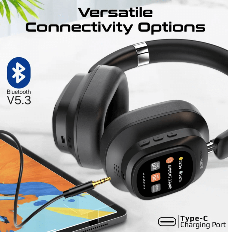 Vutune,  Headphones with,Hybrid Active Noise Cancellation, Detachable Magnetic LCD Touch Screen Controller, 50-Hour Playtime, Dual-Mode Connectivity, and Foldable Headband