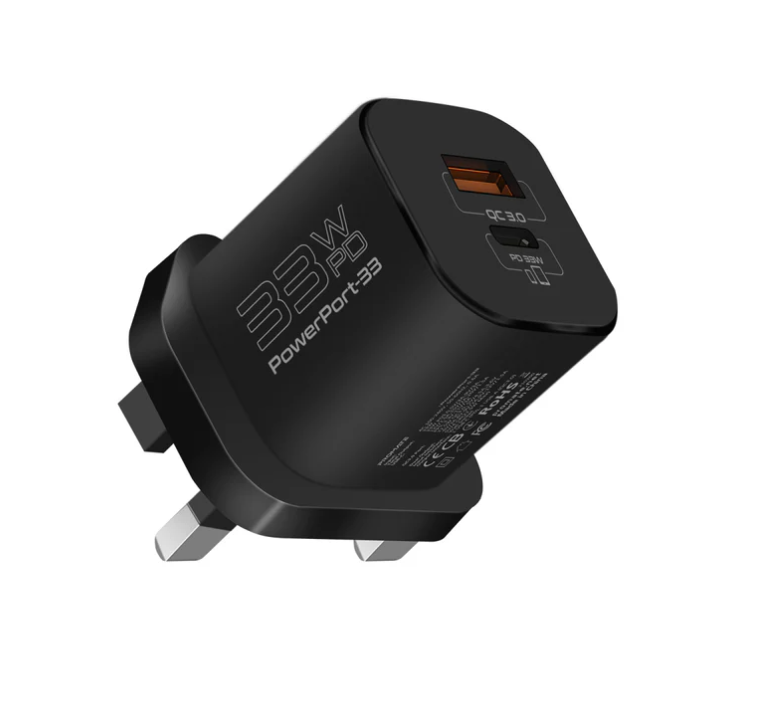 PowerPort-33, 33W Gan Charger | Round Pin Dual Port Fast QC+PD Adapter with Qualcomm Quick Charge | Compatible with iPhone 15, 15 Pro, 15 Pro Max, 14,13,12,11, iPad, Samsung, OnePlus