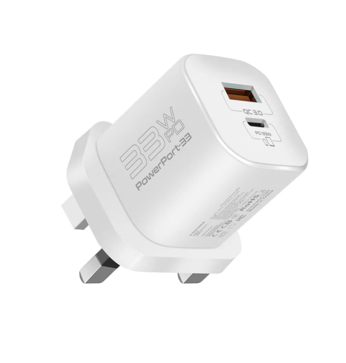 PowerPort-33, 33W Gan Charger | Round Pin Dual Port Fast QC+PD Adapter with Qualcomm Quick Charge | Compatible with iPhone 15, 15 Pro, 15 Pro Max, 14,13,12,11, iPad, Samsung, OnePlus