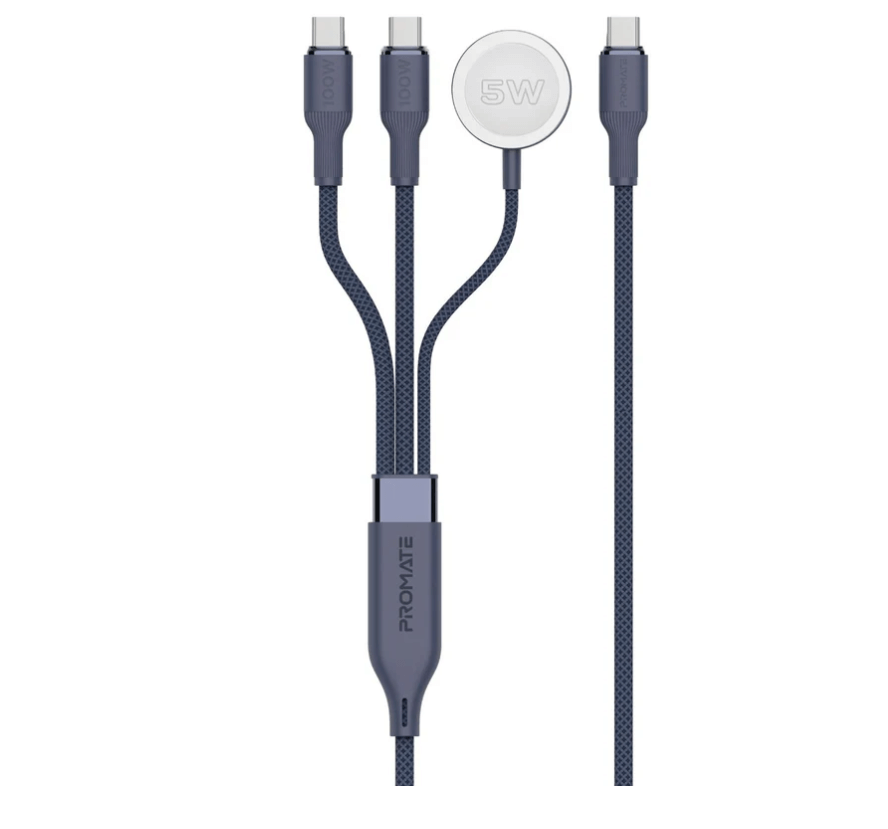 Promate Fusion-CCW Multi-Device Charging Cable with Dual PD100W USB-C Outputs, Apple Watch Charger, 480Mbps,Nylon Braided Design, 140cm Cable Length, Universal Compatibility