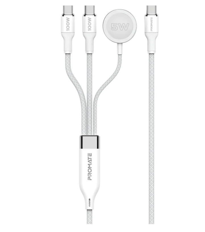 Promate Fusion-CCW Multi-Device Charging Cable with Dual PD100W USB-C Outputs, Apple Watch Charger, 480Mbps,Nylon Braided Design, 140cm Cable Length, Universal Compatibility
