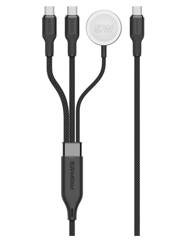 Promate Fusion-CCW Multi-Device Charging Cable with Dual PD100W USB-C Outputs, Apple Watch Charger, 480Mbps,Nylon Braided Design, 140cm Cable Length, Universal Compatibility