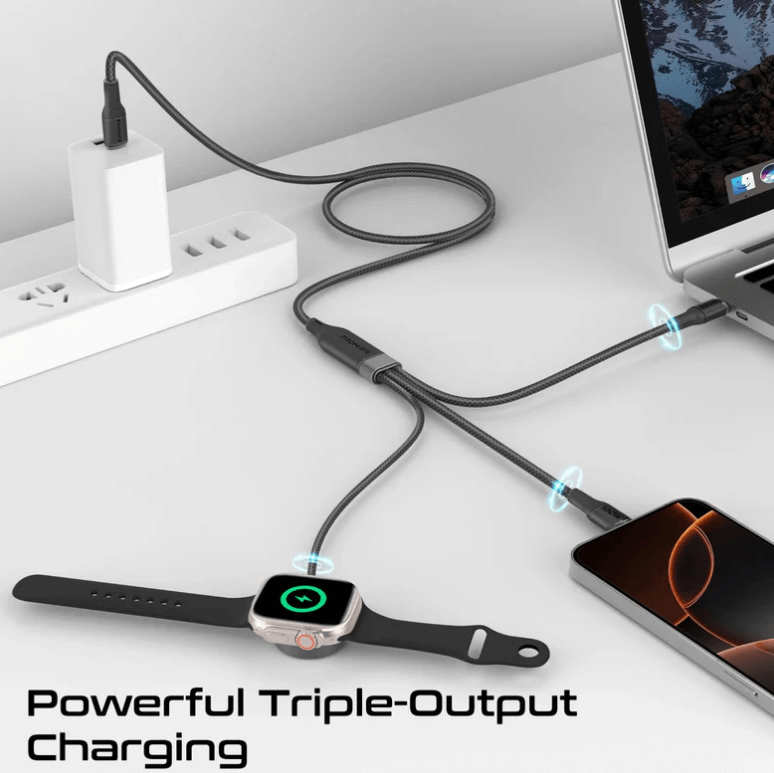 Promate Fusion-CCW Multi-Device Charging Cable with Dual PD100W USB-C Outputs, Apple Watch Charger, 480Mbps,Nylon Braided Design, 140cm Cable Length, Universal Compatibility