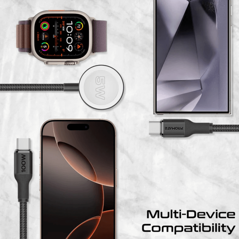 Promate Fusion-CCW Multi-Device Charging Cable with Dual PD100W USB-C Outputs, Apple Watch Charger, 480Mbps,Nylon Braided Design, 140cm Cable Length, Universal Compatibility