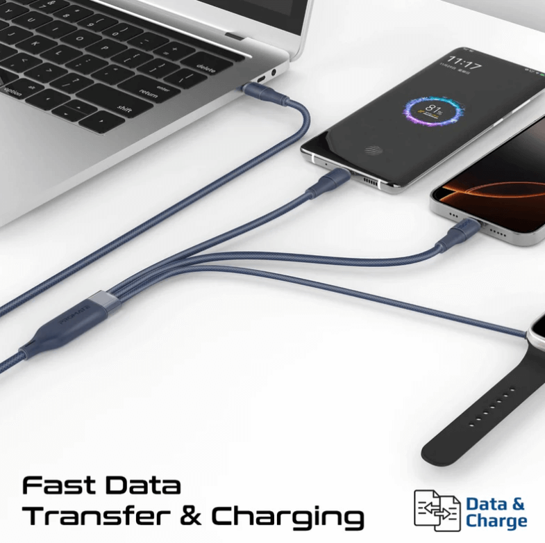 Promate Fusion-CCW Multi-Device Charging Cable with Dual PD100W USB-C Outputs, Apple Watch Charger, 480Mbps,Nylon Braided Design, 140cm Cable Length, Universal Compatibility