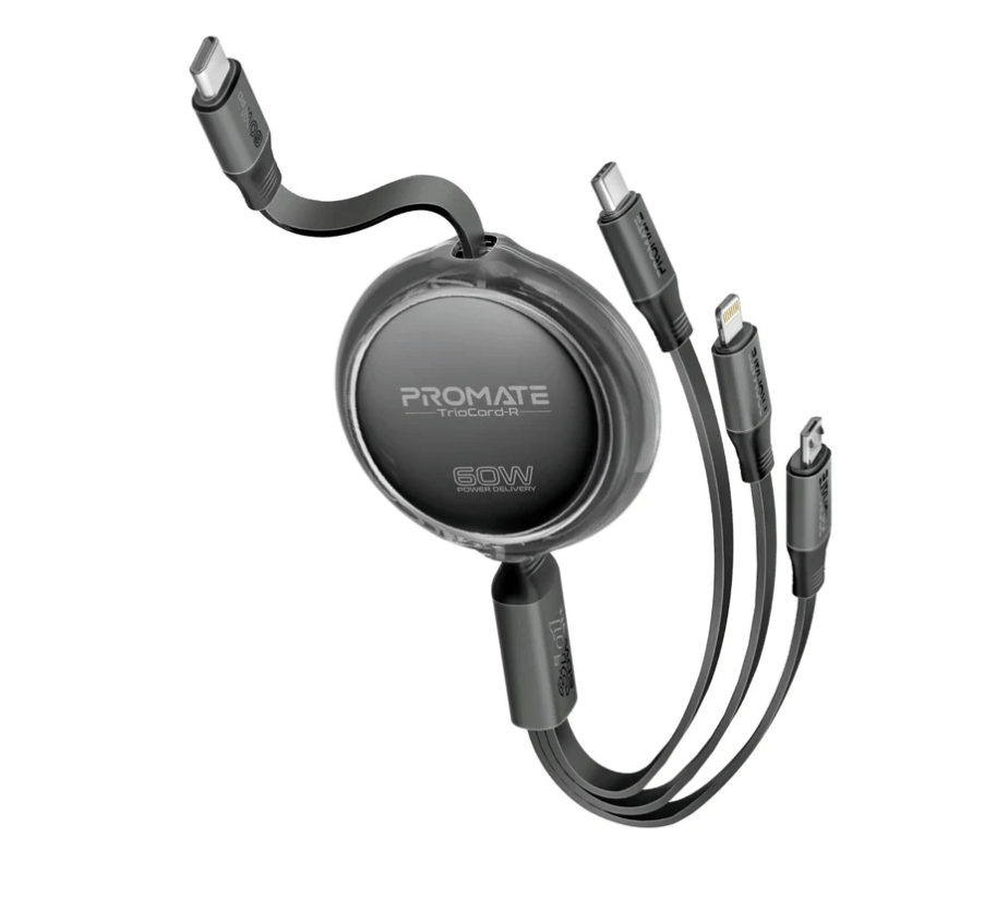 Promate TrioCord-R, 3-In-1 Multi-Connector Retractable Cord With USB-C, Lightning, and Micro-USB Heads, Transparent Circular Case, PD60W Fast Charging, 480Mbps Data Transfer