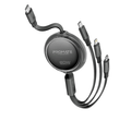 Promate TrioCord-R, 3-In-1 Multi-Connector Retractable Cord With USB-C, Lightning, and Micro-USB Heads, Transparent Circular Case, PD60W Fast Charging, 480Mbps Data Transfer