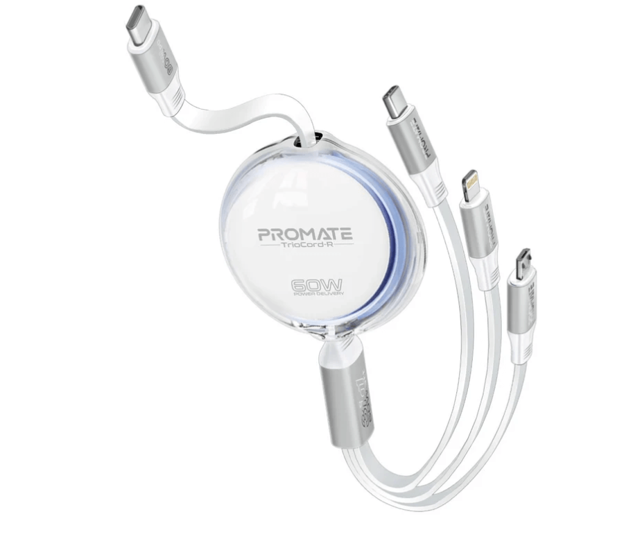 Promate TrioCord-R, 3-In-1 Multi-Connector Retractable Cord With USB-C, Lightning, and Micro-USB Heads, Transparent Circular Case, PD60W Fast Charging, 480Mbps Data Transfer