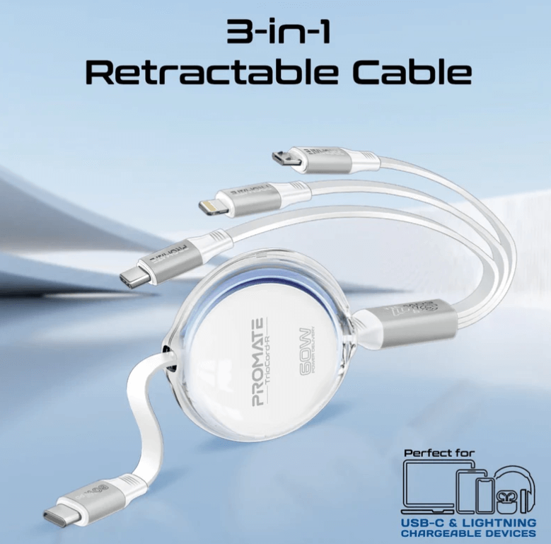 Promate TrioCord-R, 3-In-1 Multi-Connector Retractable Cord With USB-C, Lightning, and Micro-USB Heads, Transparent Circular Case, PD60W Fast Charging, 480Mbps Data Transfer