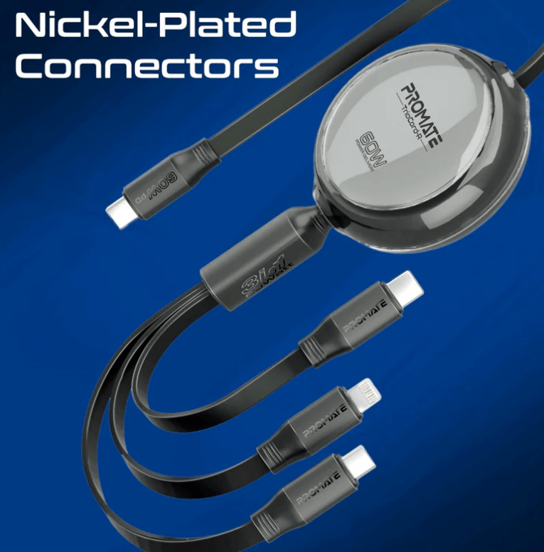 Promate TrioCord-R, 3-In-1 Multi-Connector Retractable Cord With USB-C, Lightning, and Micro-USB Heads, Transparent Circular Case, PD60W Fast Charging, 480Mbps Data Transfer