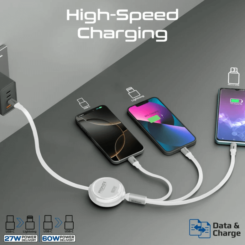 Promate TrioCord-R, 3-In-1 Multi-Connector Retractable Cord With USB-C, Lightning, and Micro-USB Heads, Transparent Circular Case, PD60W Fast Charging, 480Mbps Data Transfer
