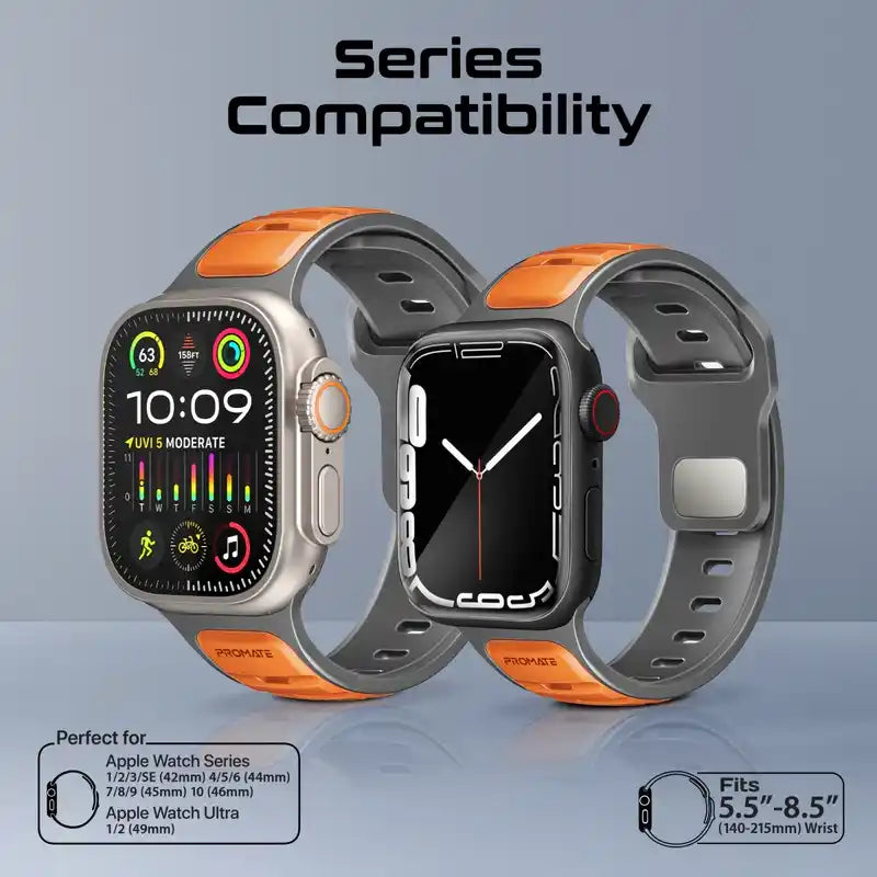 SiliBand-DC Promate Dual-Colour Apple Watch Band with Dust-Proof UV Treated Surface, Rust-Resistant Stainless-Steel Buckle, Durable Silicone Construction