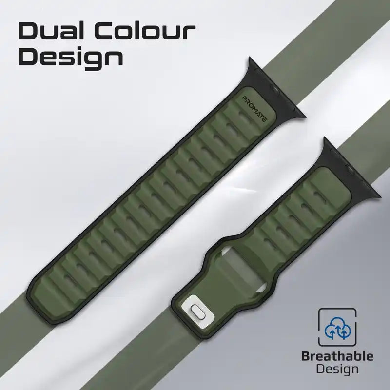 SiliBand-DC Promate Dual-Colour Apple Watch Band with Dust-Proof UV Treated Surface, Rust-Resistant Stainless-Steel Buckle, Durable Silicone Construction