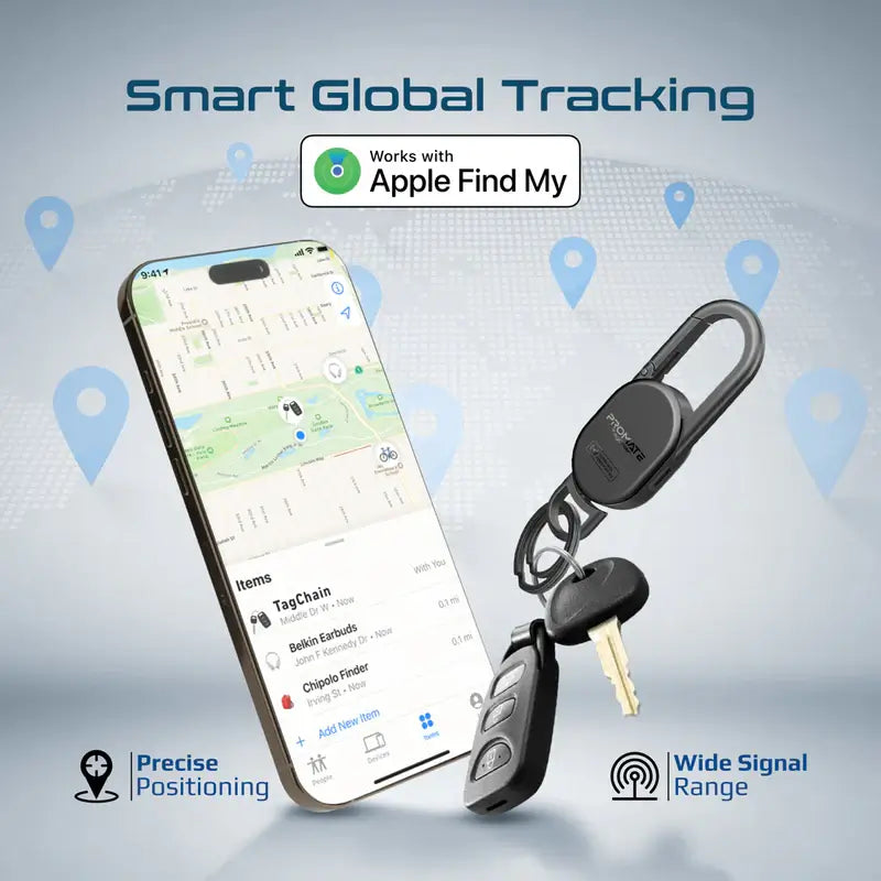 TagChain Promate Smart Key Finder with Apple Find My, IP67 Water-Resistant, Rechargeable Battery, 90dB Sound, 50m Range, Carabiner Clip & Ring for Bags, Pet Collars, Keys, Luggage