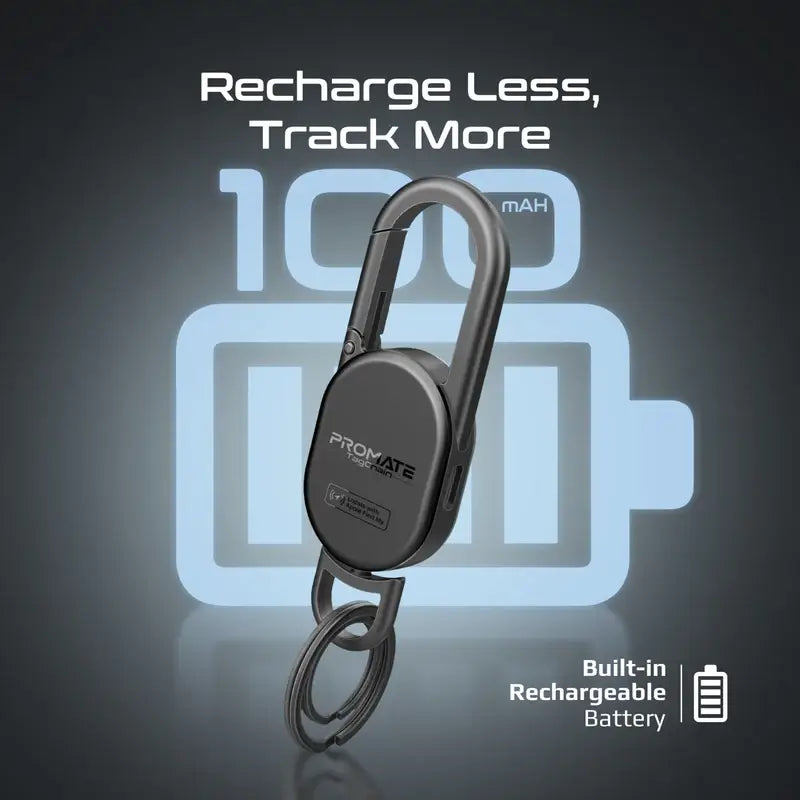 TagChain Promate Smart Key Finder with Apple Find My, IP67 Water-Resistant, Rechargeable Battery, 90dB Sound, 50m Range, Carabiner Clip & Ring for Bags, Pet Collars, Keys, Luggage