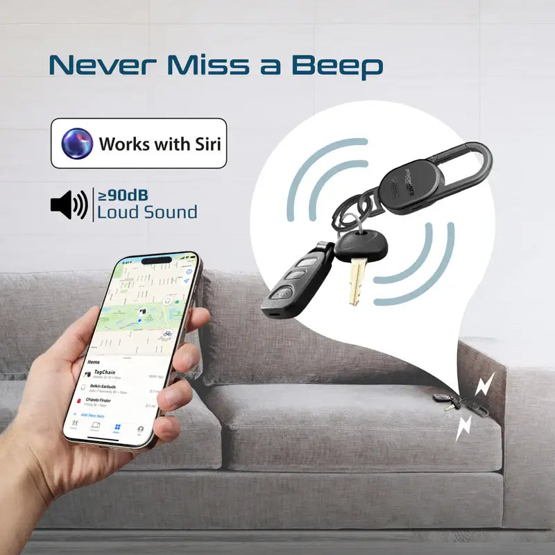 TagChain Promate Smart Key Finder with Apple Find My, IP67 Water-Resistant, Rechargeable Battery, 90dB Sound, 50m Range, Carabiner Clip & Ring for Bags, Pet Collars, Keys, Luggage
