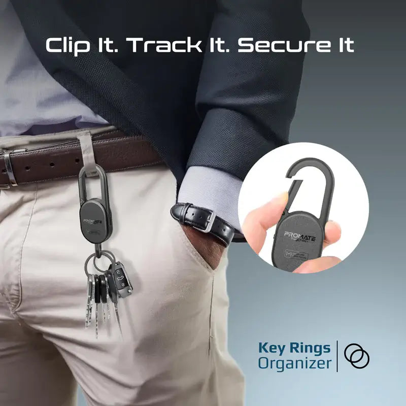 TagChain Promate Smart Key Finder with Apple Find My, IP67 Water-Resistant, Rechargeable Battery, 90dB Sound, 50m Range, Carabiner Clip & Ring for Bags, Pet Collars, Keys, Luggage