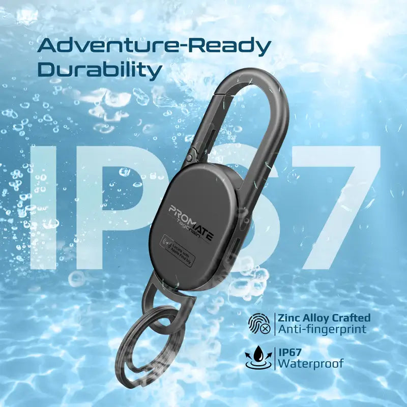 TagChain Promate Smart Key Finder with Apple Find My, IP67 Water-Resistant, Rechargeable Battery, 90dB Sound, 50m Range, Carabiner Clip & Ring for Bags, Pet Collars, Keys, Luggage