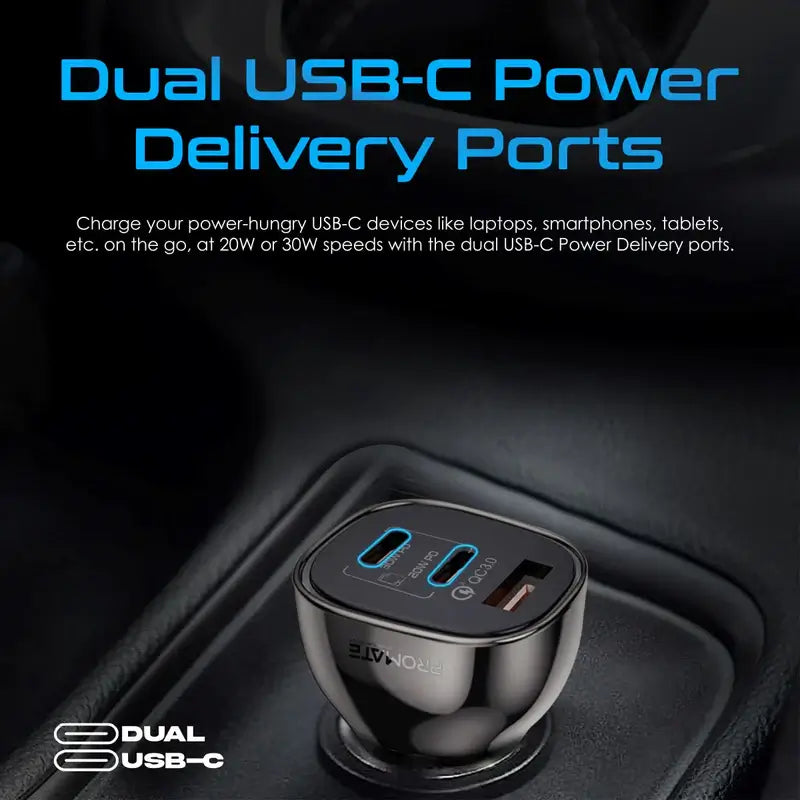 TransDrive-80W Promate Car Charger, Transparent 80W Fast Charge Multi-Port Car Adapter with Dual Type-C Ports, Qualcomm QC 3.0 USB-A Port and Overheat Protection for iPhone, iPad Air