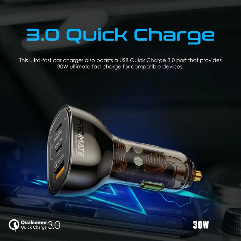TransDrive-80W Promate Car Charger, Transparent 80W Fast Charge Multi-Port Car Adapter with Dual Type-C Ports, Qualcomm QC 3.0 USB-A Port and Overheat Protection for iPhone, iPad Air