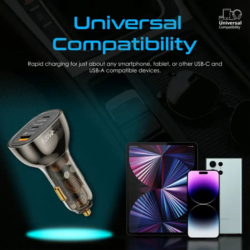 TransDrive-80W Promate Car Charger, Transparent 80W Fast Charge Multi-Port Car Adapter with Dual Type-C Ports, Qualcomm QC 3.0 USB-A Port and Overheat Protection for iPhone, iPad Air