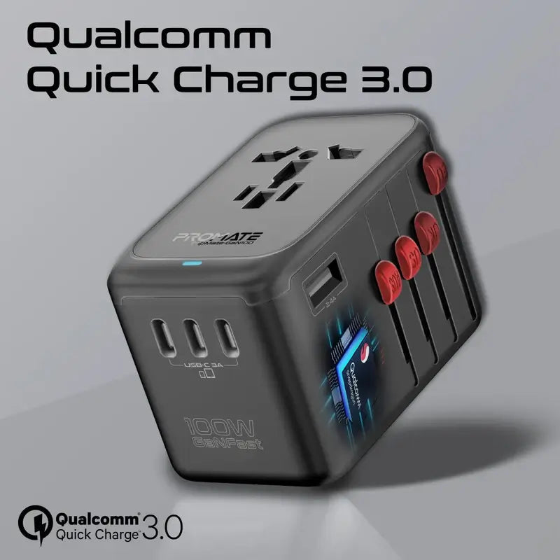 TripMate-GaN100 Promate Travel Adapter, Universal GaN Charge Adapter with 2000W AC Socket, 100W Four USB-C Power Delivery Ports, QC 3.0 Port, Auto-Resetting Fuse and Surge Protect for iPhone 15