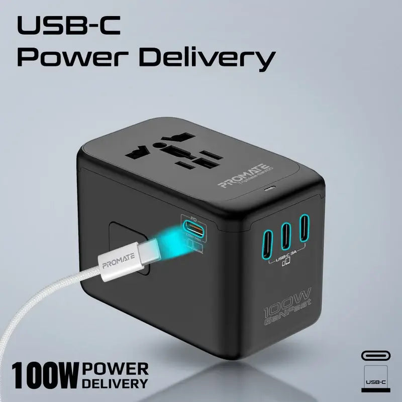 TripMate-GaN100 Promate Travel Adapter, Universal GaN Charge Adapter with 2000W AC Socket, 100W Four USB-C Power Delivery Ports, QC 3.0 Port, Auto-Resetting Fuse and Surge Protect for iPhone 15