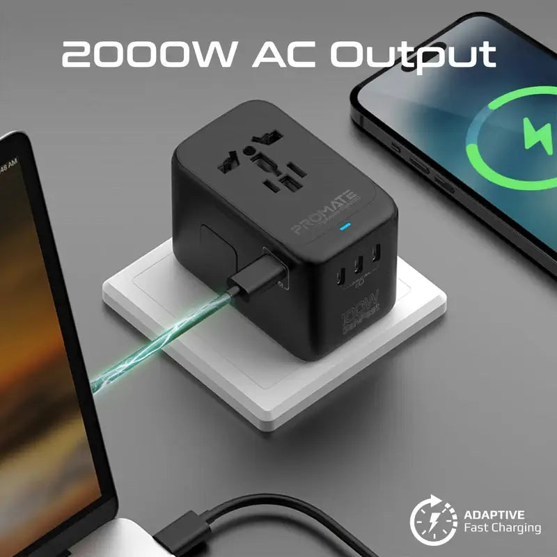 TripMate-GaN100 Promate Travel Adapter, Universal GaN Charge Adapter with 2000W AC Socket, 100W Four USB-C Power Delivery Ports, QC 3.0 Port, Auto-Resetting Fuse and Surge Protect for iPhone 15