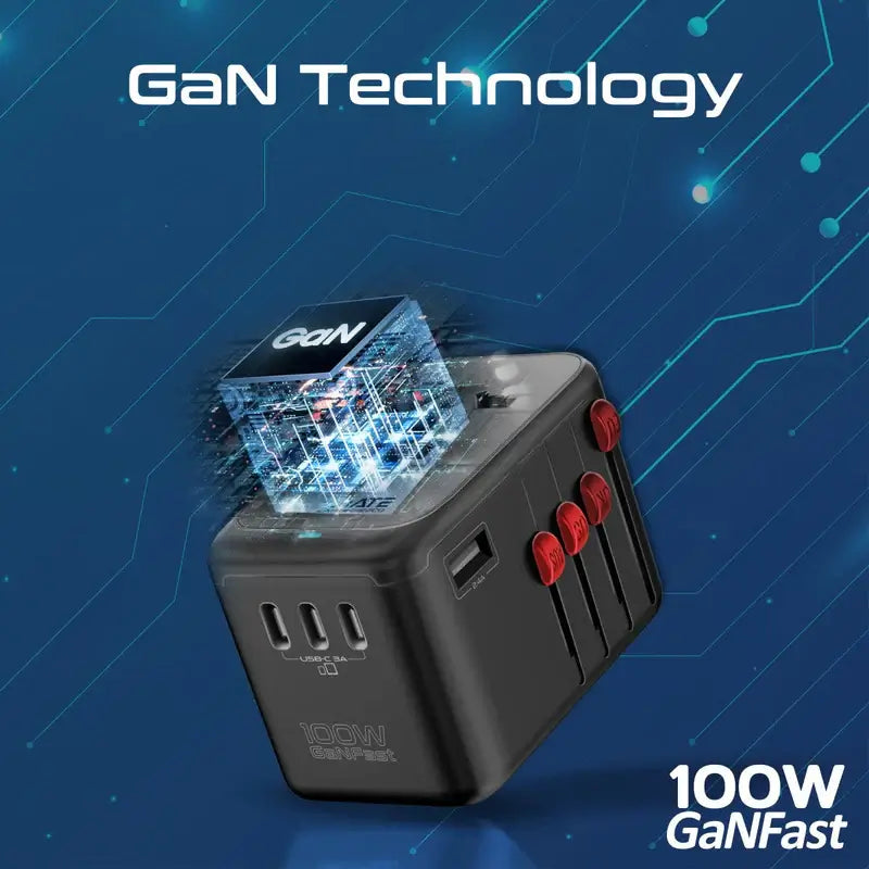 TripMate-GaN100 Promate Travel Adapter, Universal GaN Charge Adapter with 2000W AC Socket, 100W Four USB-C Power Delivery Ports, QC 3.0 Port, Auto-Resetting Fuse and Surge Protect for iPhone 15