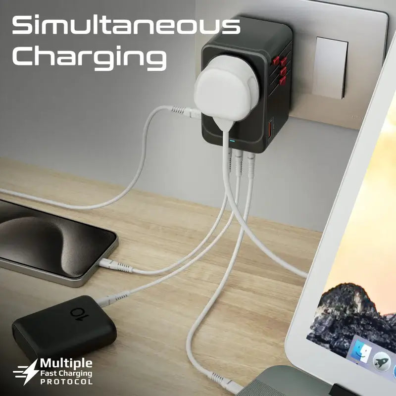 TripMate-GaN100 Promate Travel Adapter, Universal GaN Charge Adapter with 2000W AC Socket, 100W Four USB-C Power Delivery Ports, QC 3.0 Port, Auto-Resetting Fuse and Surge Protect for iPhone 15