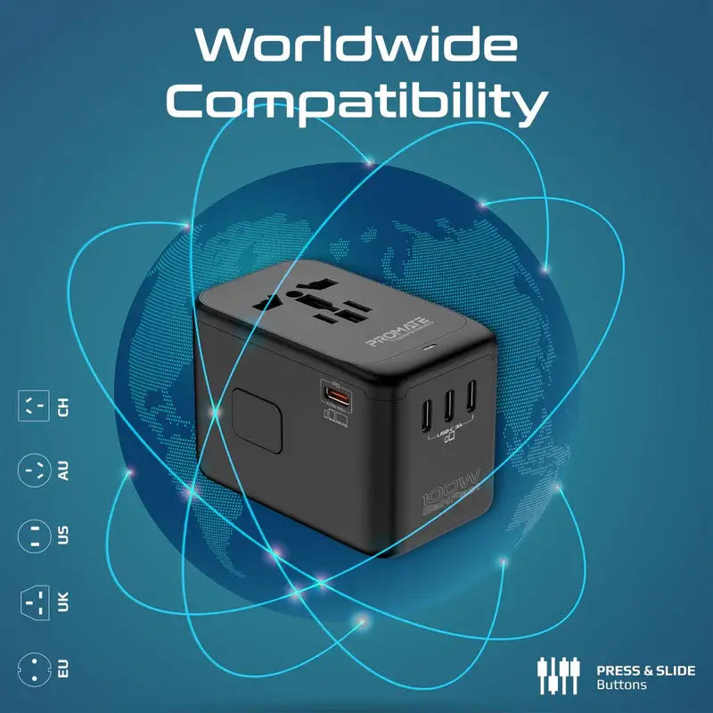 TripMate-GaN100 Promate Travel Adapter, Universal GaN Charge Adapter with 2000W AC Socket, 100W Four USB-C Power Delivery Ports, QC 3.0 Port, Auto-Resetting Fuse and Surge Protect for iPhone 15