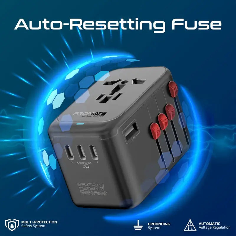 TripMate-GaN100 Promate Travel Adapter, Universal GaN Charge Adapter with 2000W AC Socket, 100W Four USB-C Power Delivery Ports, QC 3.0 Port, Auto-Resetting Fuse and Surge Protect for iPhone 15