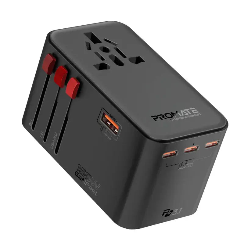 TripMate-GaN160 Promate Universal Travel Adapter with 2500W Universal AC Socket, GaNFast™ Technology, Triple PD140 Laptop Charging, All-in-One Charger 60W USB-A Port, US/UK/EU/AU Plugs