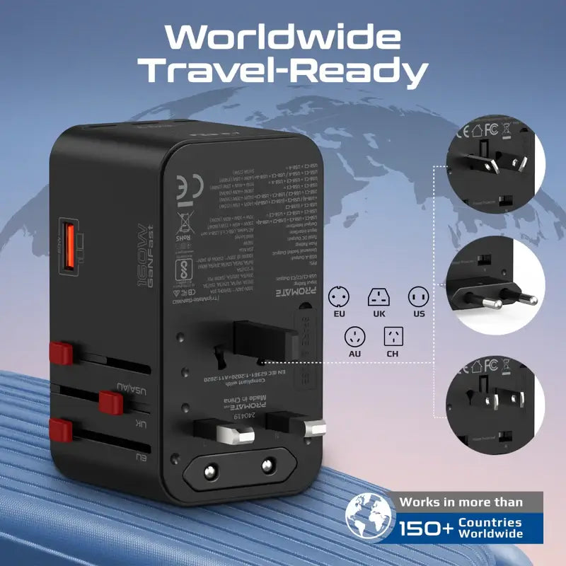 TripMate-GaN160 Promate Universal Travel Adapter with 2500W Universal AC Socket, GaNFast™ Technology, Triple PD140 Laptop Charging, All-in-One Charger 60W USB-A Port, US/UK/EU/AU Plugs