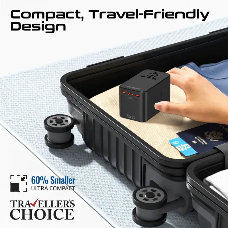 TripMate-GaN160 Promate Universal Travel Adapter with 2500W Universal AC Socket, GaNFast™ Technology, Triple PD140 Laptop Charging, All-in-One Charger 60W USB-A Port, US/UK/EU/AU Plugs