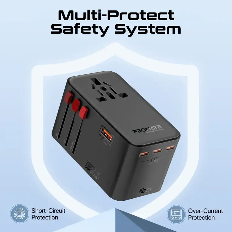 TripMate-GaN160 Promate Universal Travel Adapter with 2500W Universal AC Socket, GaNFast™ Technology, Triple PD140 Laptop Charging, All-in-One Charger 60W USB-A Port, US/UK/EU/AU Plugs
