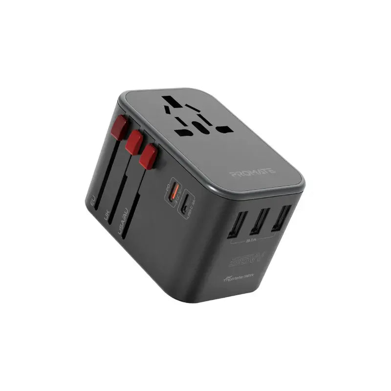 Tripmate 36W Promate Universal Travel Adapter with 1840W AC Socket, 20W USB-C PD, 15W -C, 3 USB-A Ports, Travel Pouch, Auto-Resetting Fuse & Surge Protection, All-in-One Charger -US, UK, EU, AU