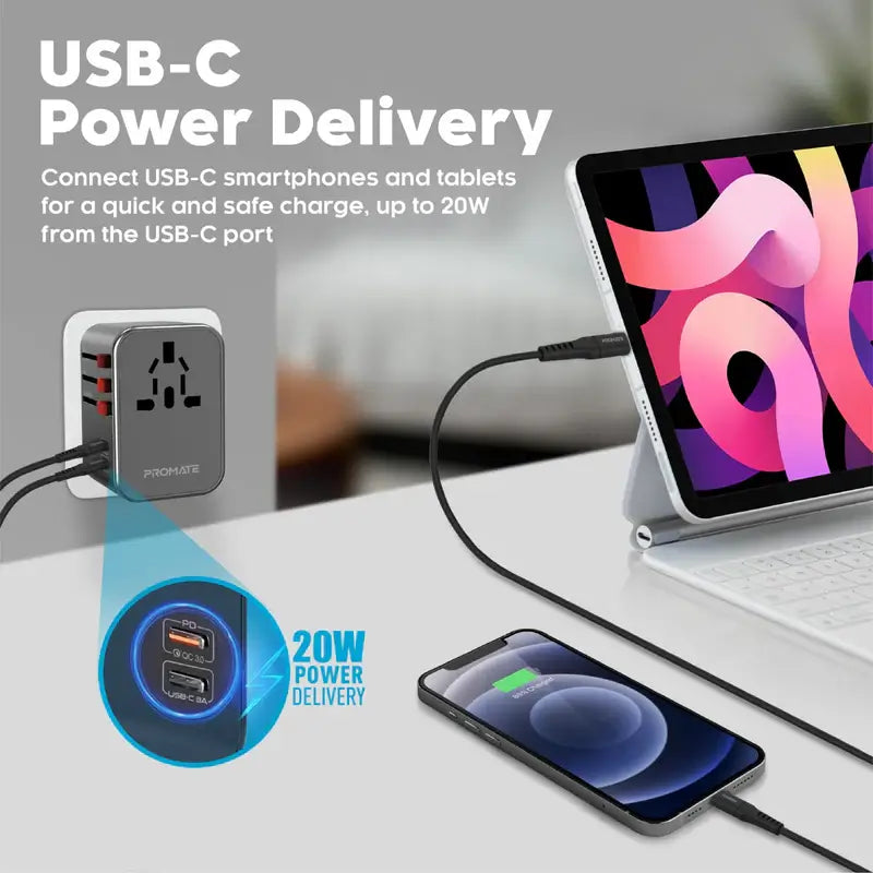 Tripmate 36W Promate Universal Travel Adapter with 1840W AC Socket, 20W USB-C PD, 15W -C, 3 USB-A Ports, Travel Pouch, Auto-Resetting Fuse & Surge Protection, All-in-One Charger -US, UK, EU, AU
