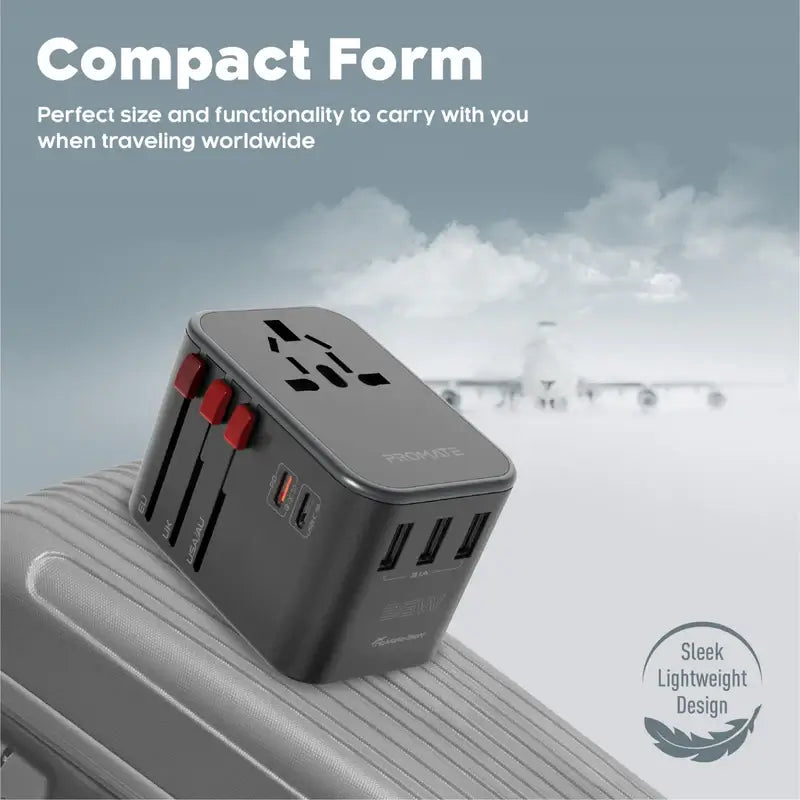 Tripmate 36W Promate Universal Travel Adapter with 1840W AC Socket, 20W USB-C PD, 15W -C, 3 USB-A Ports, Travel Pouch, Auto-Resetting Fuse & Surge Protection, All-in-One Charger -US, UK, EU, AU
