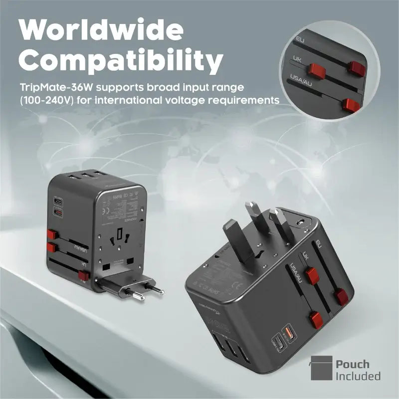 Tripmate 36W Promate Universal Travel Adapter with 1840W AC Socket, 20W USB-C PD, 15W -C, 3 USB-A Ports, Travel Pouch, Auto-Resetting Fuse & Surge Protection, All-in-One Charger -US, UK, EU, AU