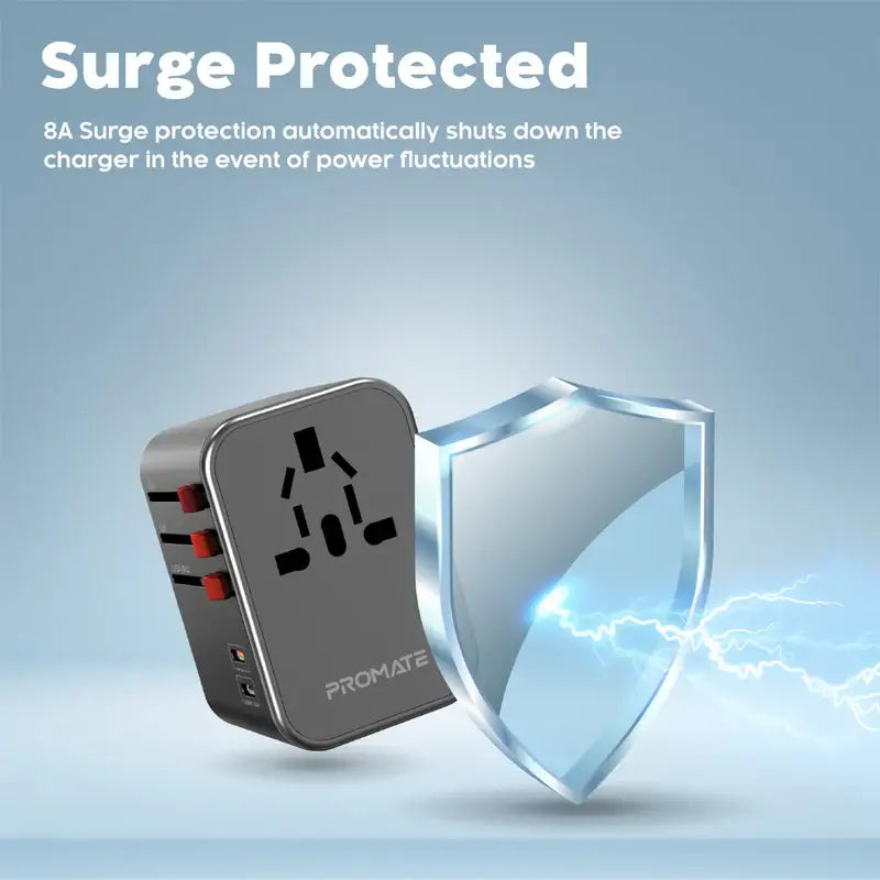 Tripmate 36W Promate Universal Travel Adapter with 1840W AC Socket, 20W USB-C PD, 15W -C, 3 USB-A Ports, Travel Pouch, Auto-Resetting Fuse & Surge Protection, All-in-One Charger -US, UK, EU, AU