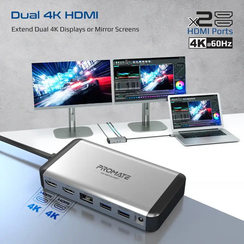 Promate VersaHub-MST USB-C Hub, 13-in-1 Extended Multi-Display with Dual 4K HDMI 1Gbps Ethernet, 100W USB-C PD Connectors, 18W USB-C Dual Ports, Data Sync USB Ports, Card Reader and AUX for MacBook