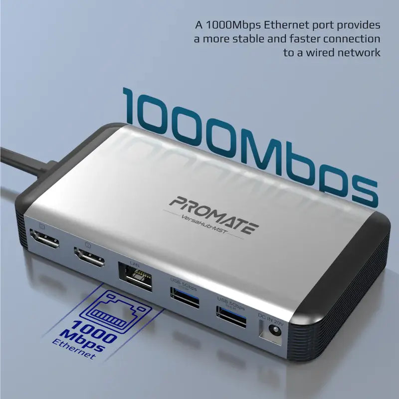 Promate VersaHub-MST USB-C Hub, 13-in-1 Extended Multi-Display with Dual 4K HDMI 1Gbps Ethernet, 100W USB-C PD Connectors, 18W USB-C Dual Ports, Data Sync USB Ports, Card Reader and AUX for MacBook