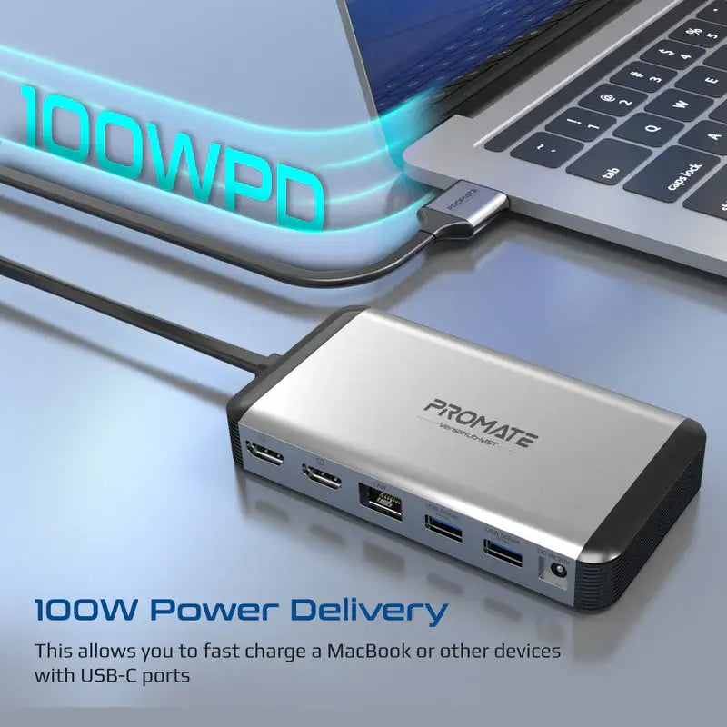 Promate VersaHub-MST USB-C Hub, 13-in-1 Extended Multi-Display with Dual 4K HDMI 1Gbps Ethernet, 100W USB-C PD Connectors, 18W USB-C Dual Ports, Data Sync USB Ports, Card Reader and AUX for MacBook