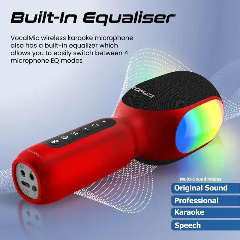 VocalMic Promate Handheld 5-in-1 Wireless Bluetooth Karaoke Microphone & Speaker, Dynamic RGB Lights, TWS Duet Mode, 10-Hours Play Time, 3.5mm AUX, Headphone Port, Kids, Adults