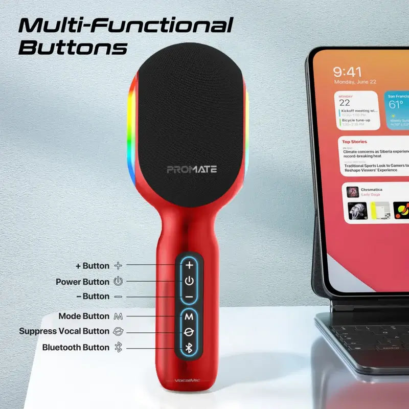 VocalMic Promate Handheld 5-in-1 Wireless Bluetooth Karaoke Microphone & Speaker, Dynamic RGB Lights, TWS Duet Mode, 10-Hours Play Time, 3.5mm AUX, Headphone Port, Kids, Adults
