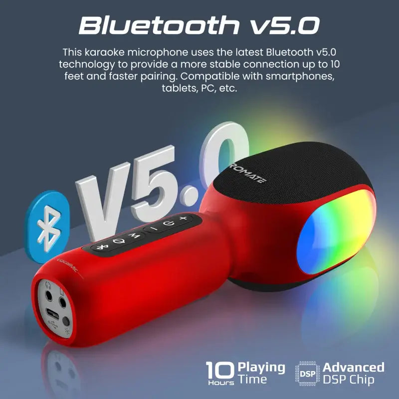 VocalMic Promate Handheld 5-in-1 Wireless Bluetooth Karaoke Microphone & Speaker, Dynamic RGB Lights, TWS Duet Mode, 10-Hours Play Time, 3.5mm AUX, Headphone Port, Kids, Adults