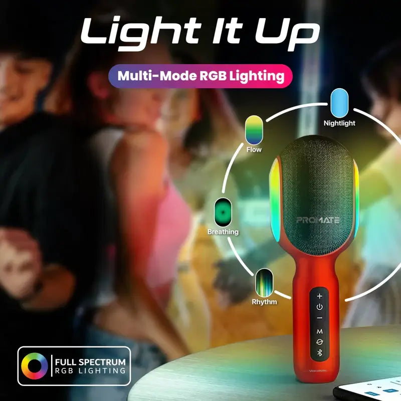 VocalMic Promate Handheld 5-in-1 Wireless Bluetooth Karaoke Microphone & Speaker, Dynamic RGB Lights, TWS Duet Mode, 10-Hours Play Time, 3.5mm AUX, Headphone Port, Kids, Adults