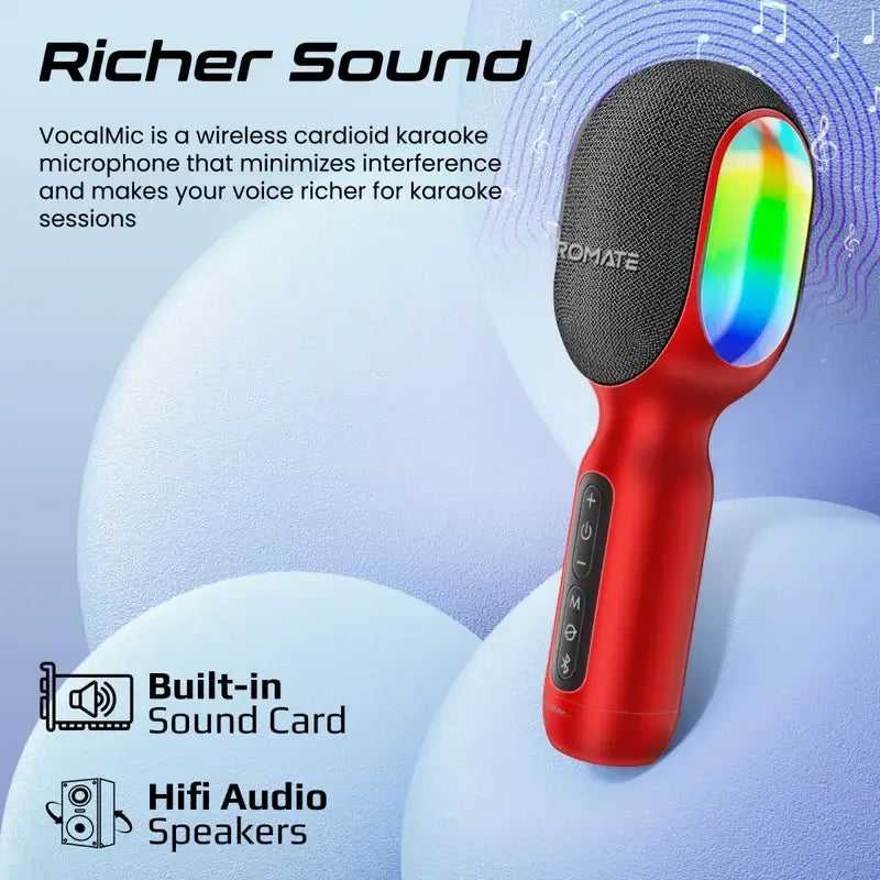VocalMic Promate Handheld 5-in-1 Wireless Bluetooth Karaoke Microphone & Speaker, Dynamic RGB Lights, TWS Duet Mode, 10-Hours Play Time, 3.5mm AUX, Headphone Port, Kids, Adults