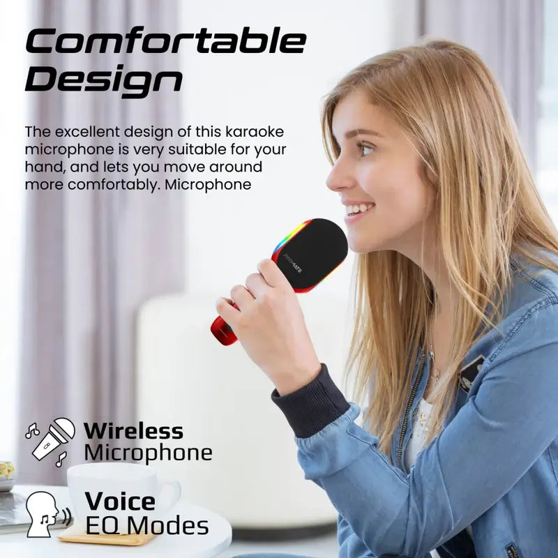 VocalMic Promate Handheld 5-in-1 Wireless Bluetooth Karaoke Microphone & Speaker, Dynamic RGB Lights, TWS Duet Mode, 10-Hours Play Time, 3.5mm AUX, Headphone Port, Kids, Adults